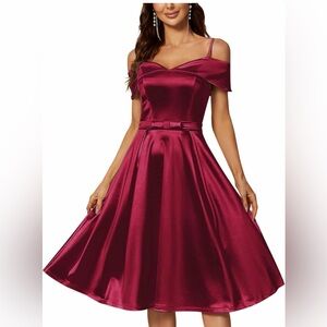 Cute Off-Shoulder Satiny Dress in Wine with Bow Tie Front